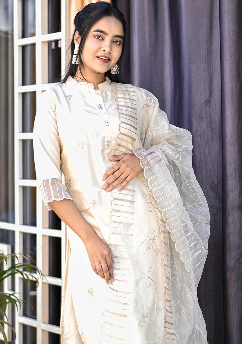 Beige Floral Embroidered Poly Blend Kurta Set