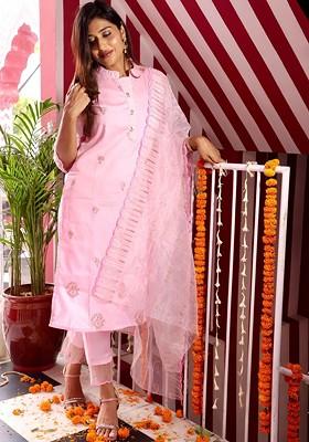 Pink Ethnic Motifs Embroidery Poly Blend Kurta Set