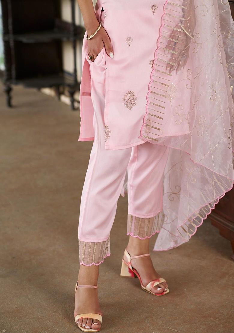 Pink Ethnic Motifs Embroidery Poly Blend Kurta Set