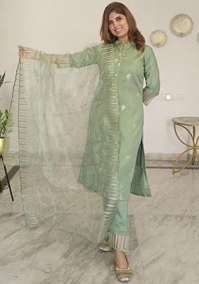 Green Ethnic Motifs Embroidery Poly Blend Kurta Set