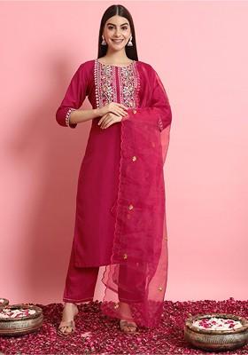 Red Printed Poly Blend Kurta Set With Dupatta