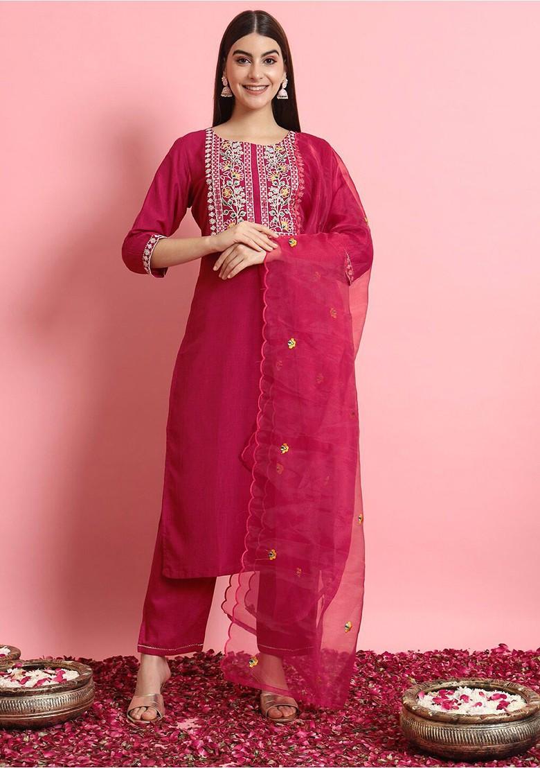 Red Printed Poly Blend Kurta Set