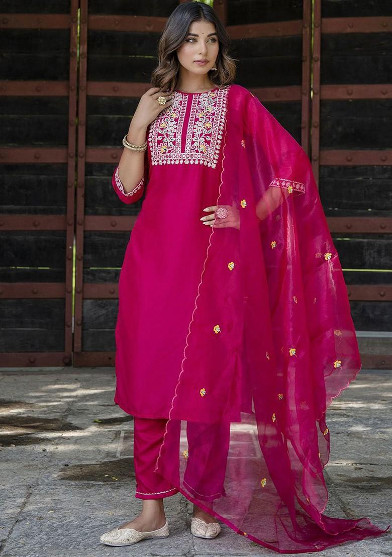 Pink Floral Embroidered Poly Blend Kurta Set
