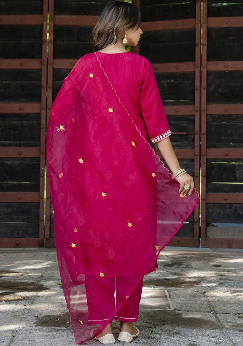 Pink Floral Embroidered Poly Blend Kurta Set
