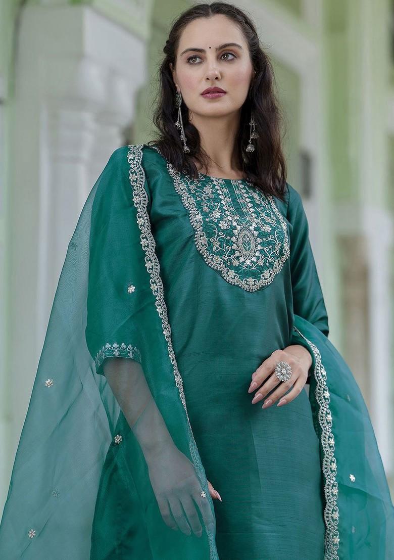 Green Printed Poly Blend Kurta Set