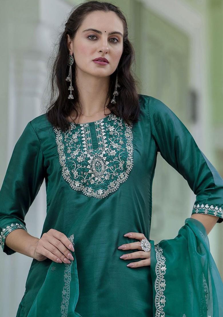 Green Printed Poly Blend Kurta Set