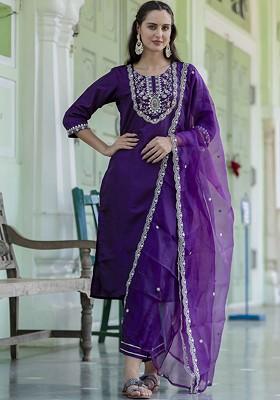 Purple Floral Embroidered Poly Blend Kurta Set