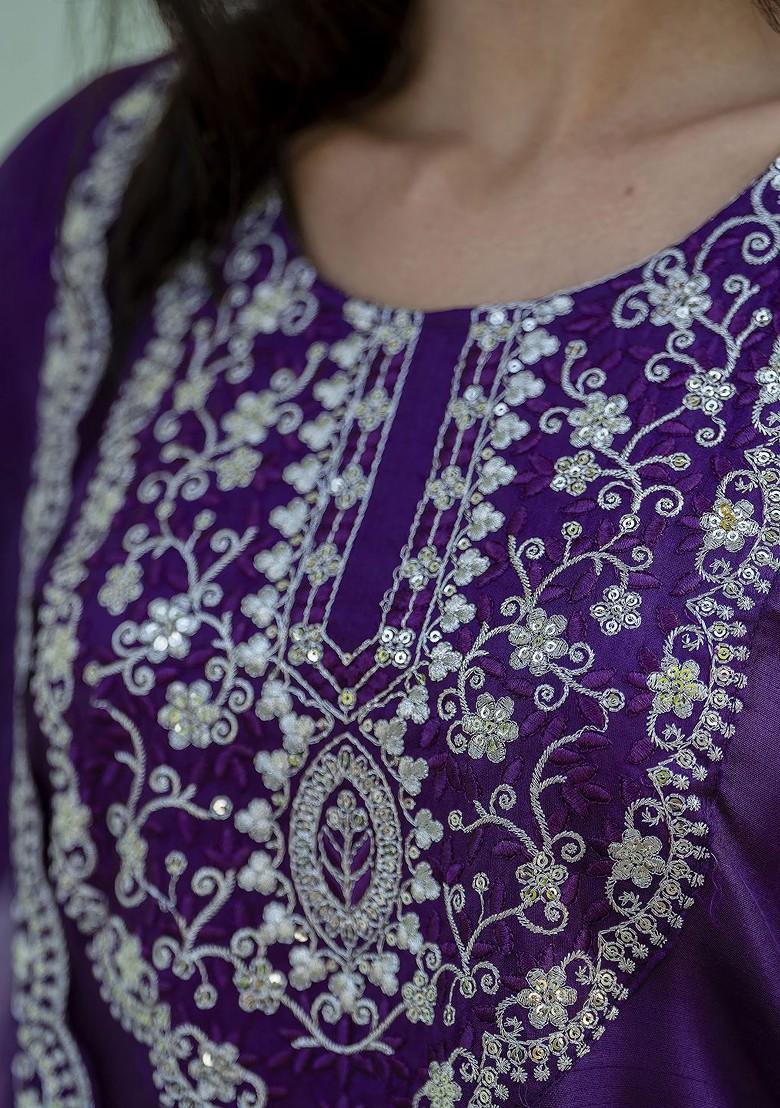 Purple Floral Embroidered Poly Blend Kurta Set