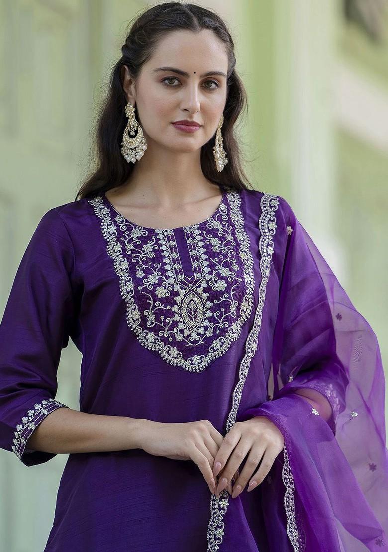 Purple Floral Embroidered Poly Blend Kurta Set