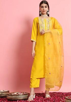 Yellow Printed Poly Blend Kurta Set