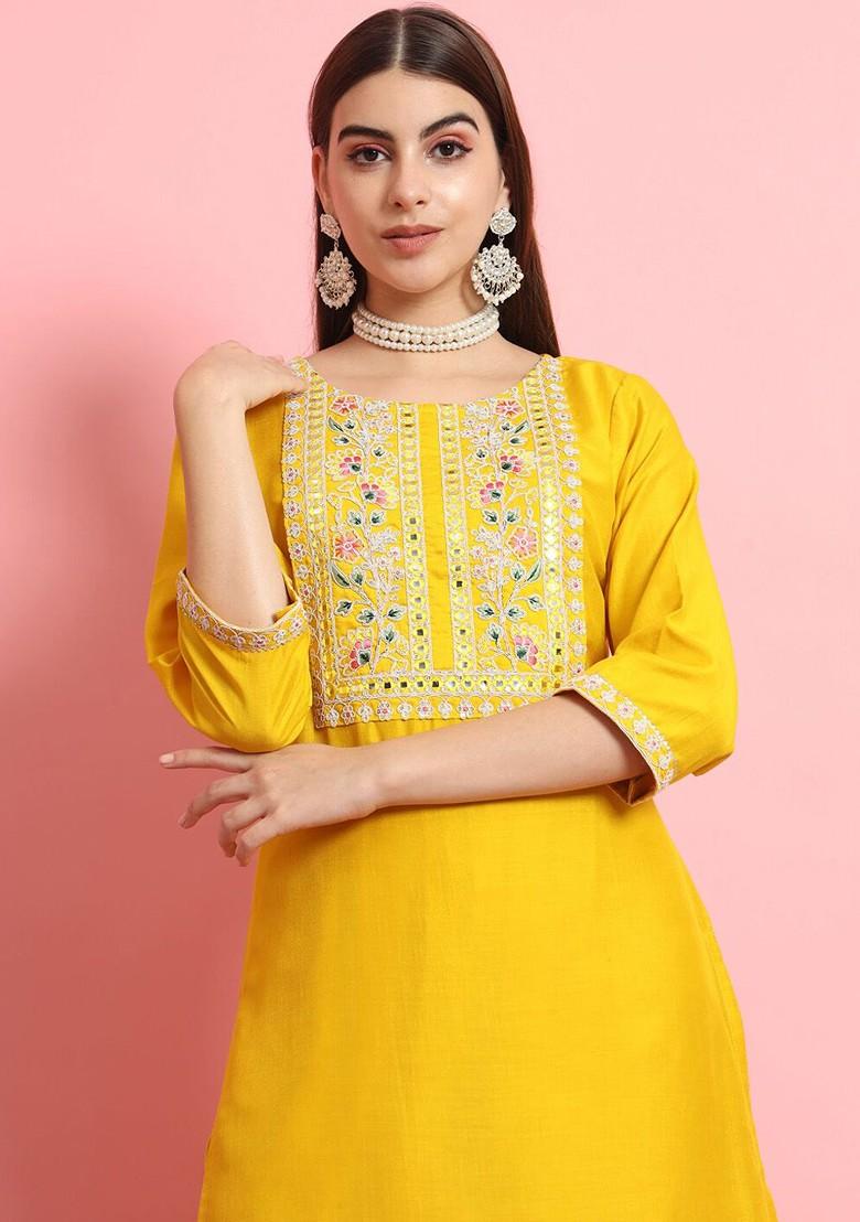 Yellow Printed Poly Blend Kurta Set