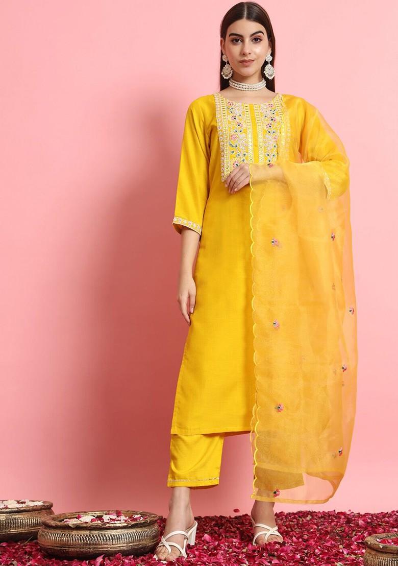 Yellow Printed Poly Blend Kurta Set