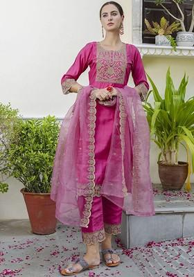 Pink Gota Patti Poly Blend Kurta Set