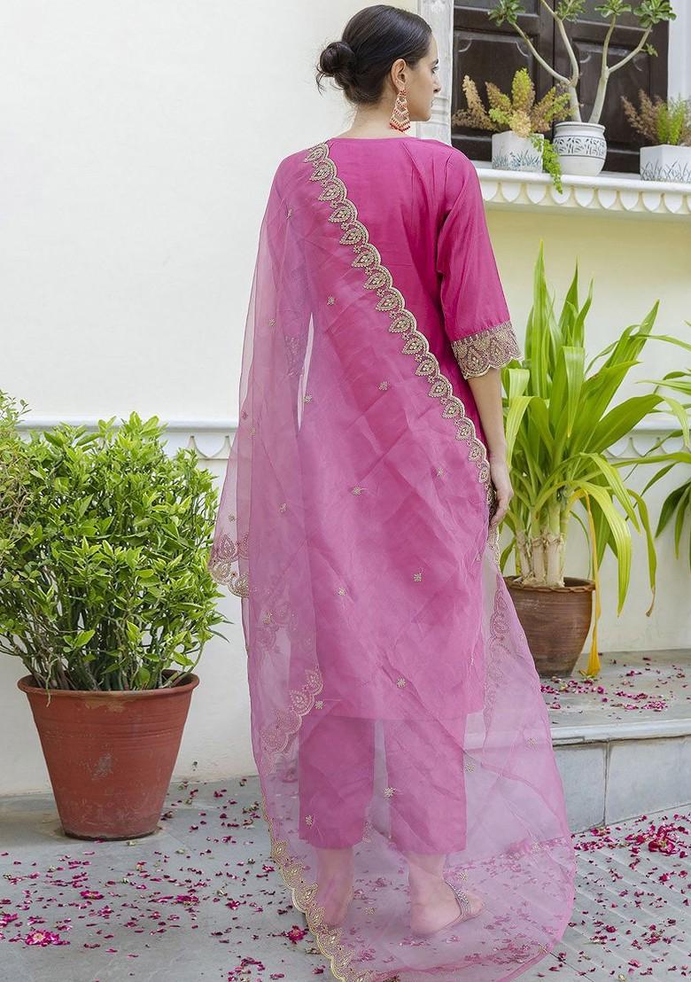Pink Gota Patti Poly Blend Kurta Set