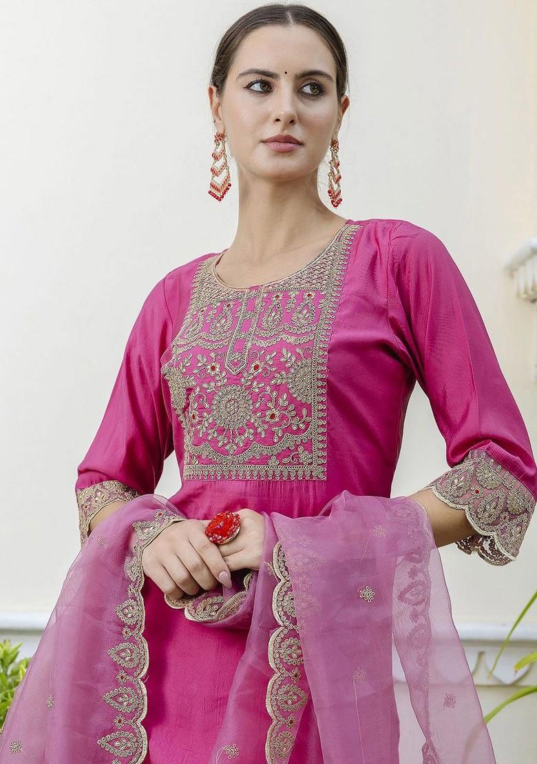 Pink Gota Patti Poly Blend Kurta Set