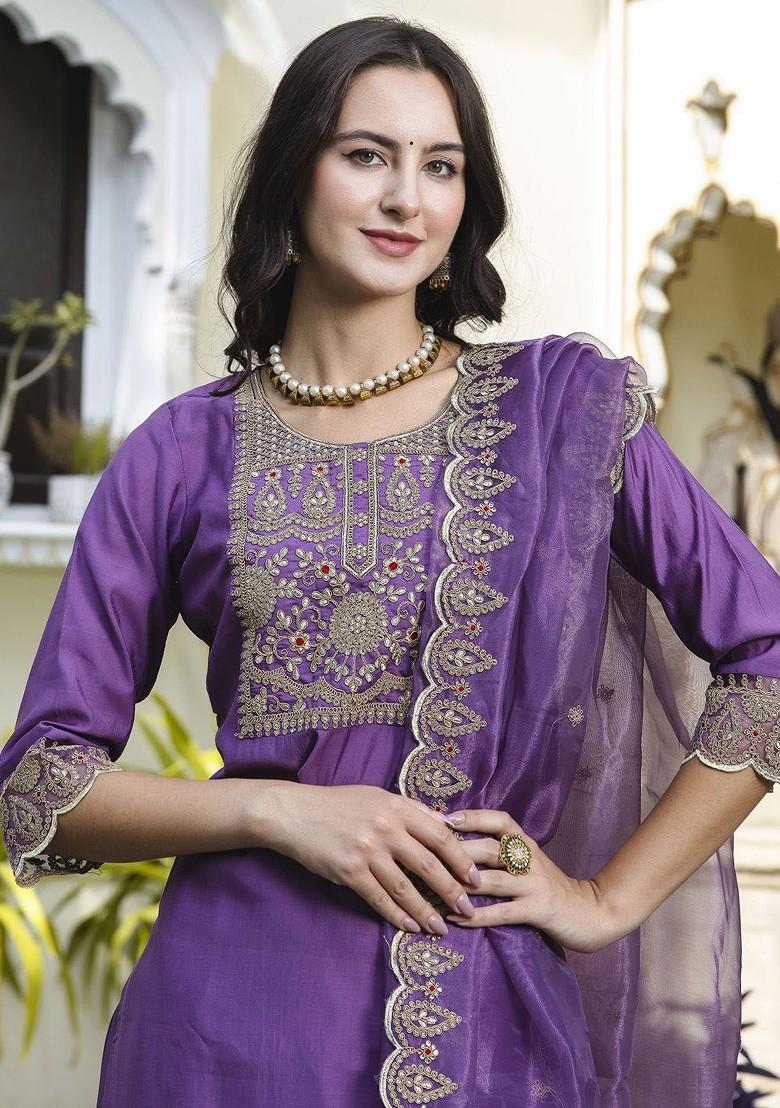 Purple Ethnic Motifs Embroidery Poly Blend Kurta Set