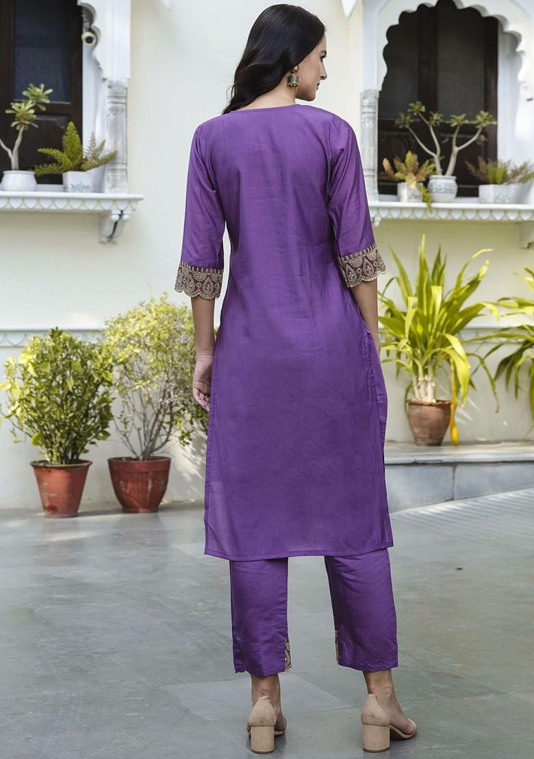 Purple Ethnic Motifs Embroidery Poly Blend Kurta Set