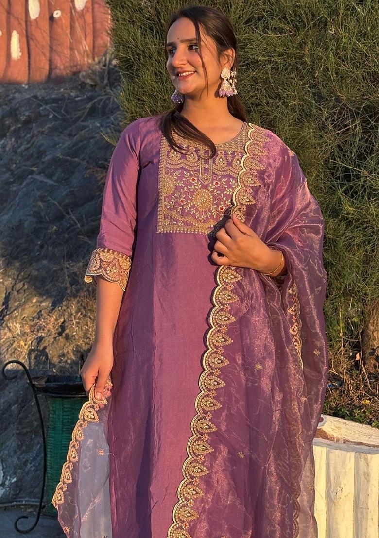 Purple Printed Poly Blend Kurta Set