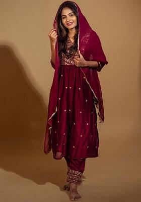Burgundy Ethnic Motifs Embroidery Poly Blend Kurta Set
