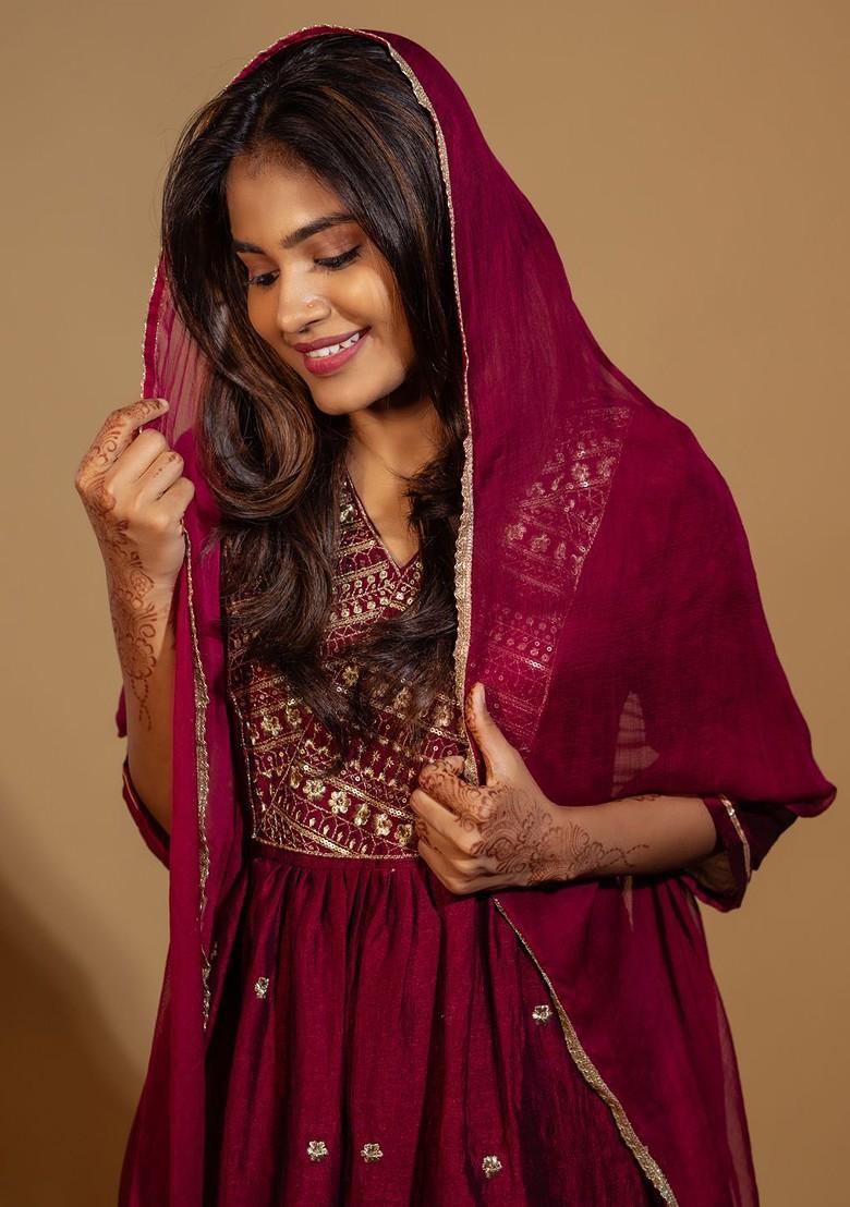 Burgundy Ethnic Motifs Embroidery Poly Blend Kurta Set