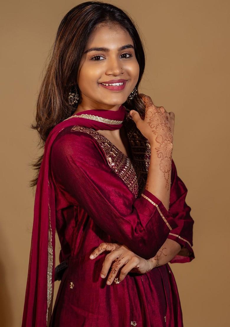 Burgundy Ethnic Motifs Embroidery Poly Blend Kurta Set