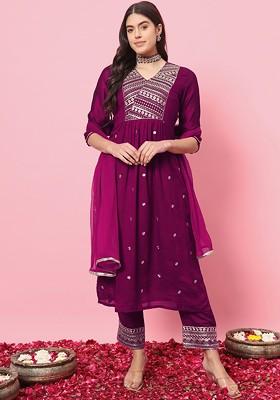 Purple Floral Embroidered Poly Blend Kurta Set