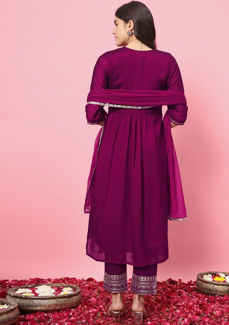 Purple Floral Embroidered Poly Blend Kurta Set