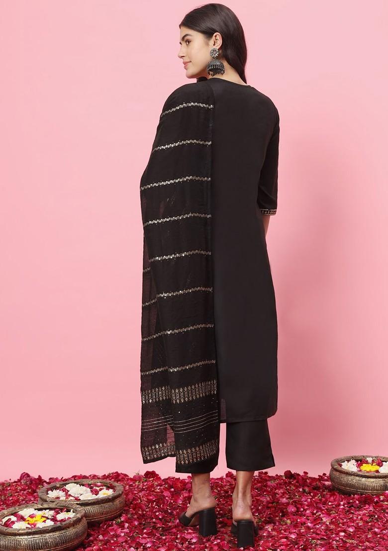 Black Floral Embroidered Poly Blend Kurta Set