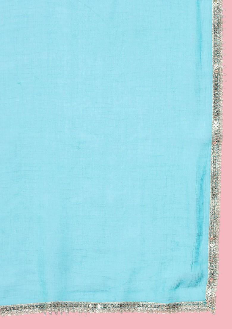 Teal Floral Embroidered Poly Blend Kurta Set