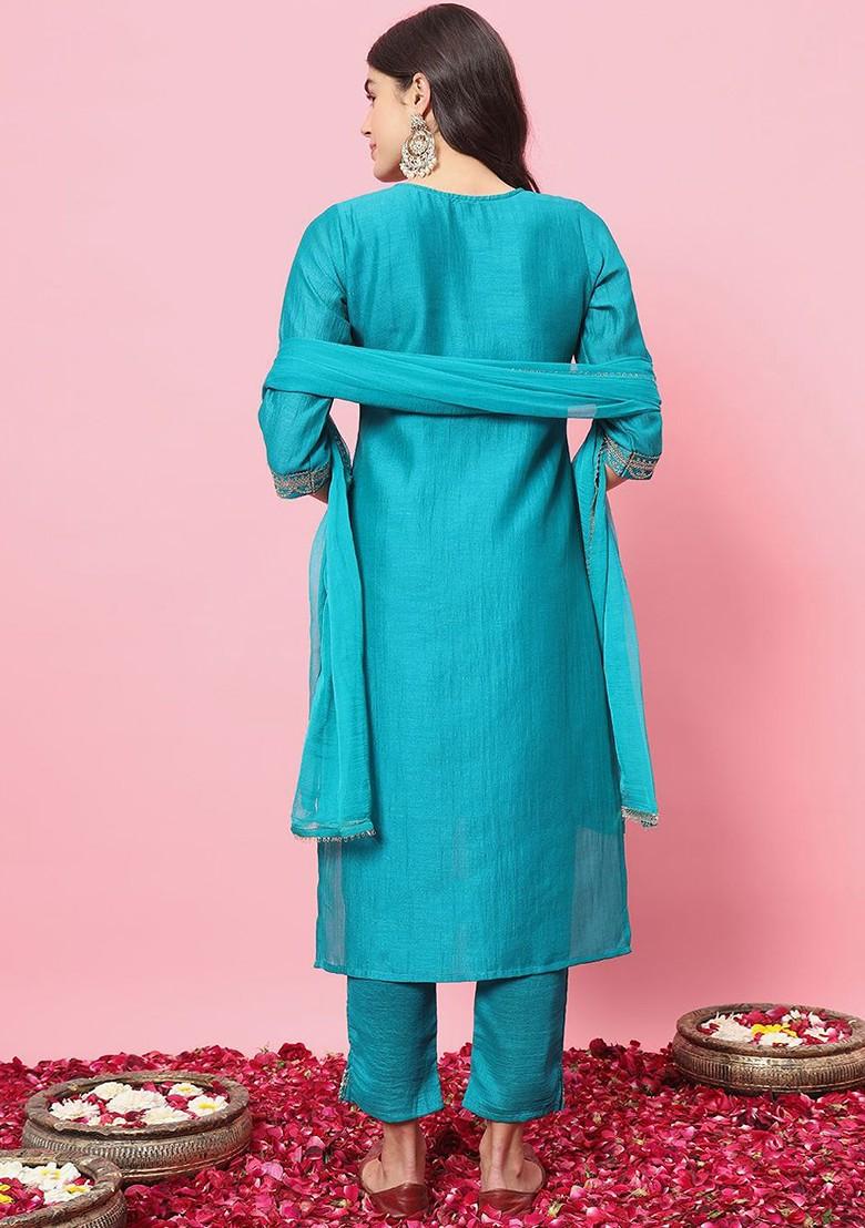 Teal Floral Embroidered Poly Blend Kurta Set