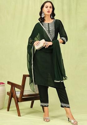 Green Ethnic Motifs Embroidery Poly Blend Kurta Set
