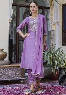 Lavender Ethnic Motifs Embroidery Poly Blend Kurta Set