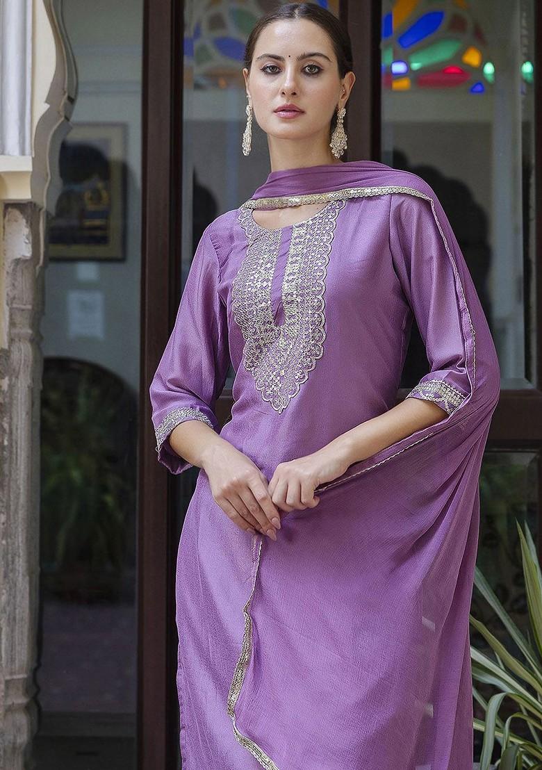 Lavender Ethnic Motifs Embroidery Poly Blend Kurta Set