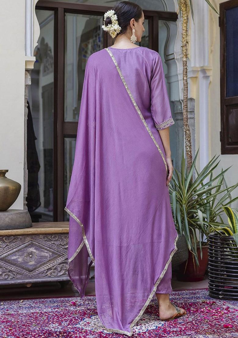 Lavender Ethnic Motifs Embroidery Poly Blend Kurta Set
