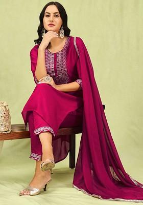 Pink Ethnic Motifs Embroidery Poly Blend Kurta Set