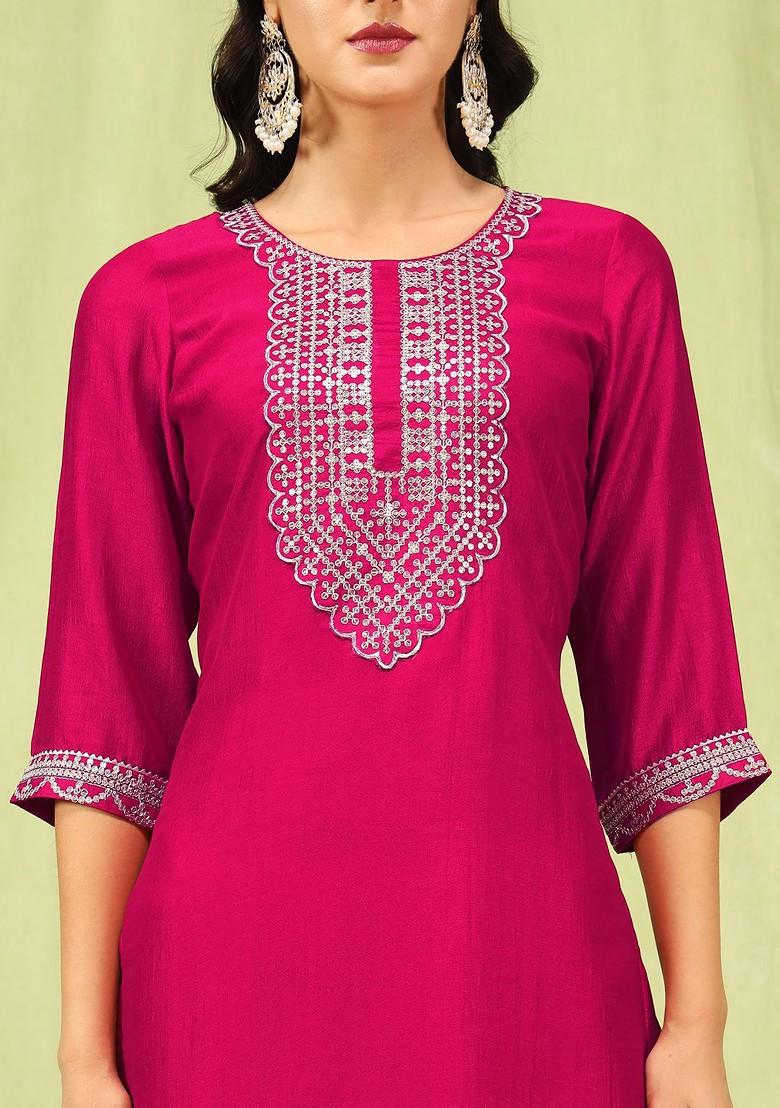 Pink Ethnic Motifs Embroidery Poly Blend Kurta Set
