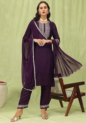 Purple Ethnic Motifs Embroidery Poly Blend Kurta Set