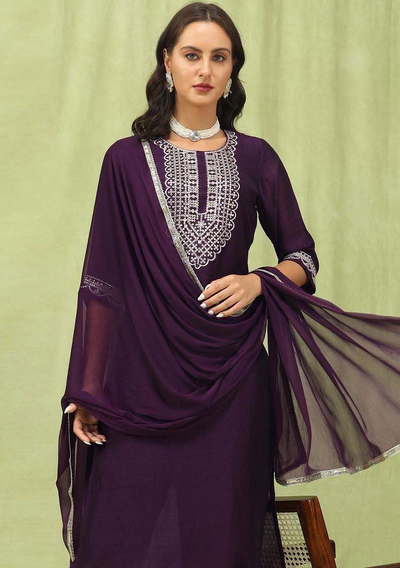 Purple Ethnic Motifs Embroidery Poly Blend Kurta Set