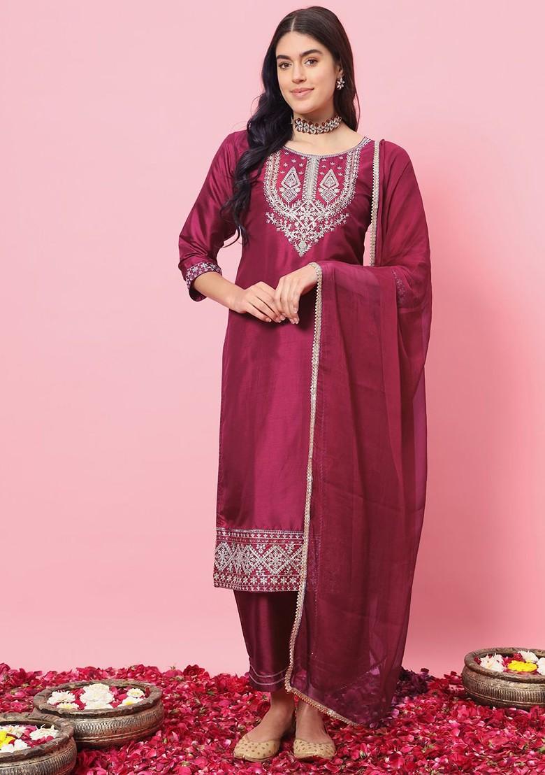 Red Printed Poly Blend Kurta Set