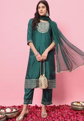 Green Floral Embroidered Poly Blend Kurta Set