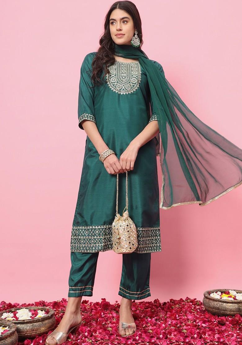 Green Floral Embroidered Poly Blend Kurta Set