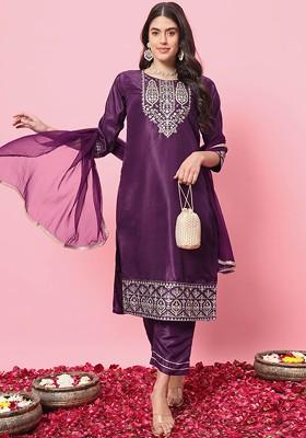 Purple Floral Embroidered Poly Blend Kurta Set
