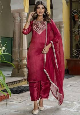 Red Zari Embroidered Poly Blend Kurta Set
