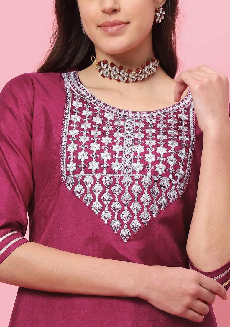 Red Floral Embroidered Poly Blend Kurta Set