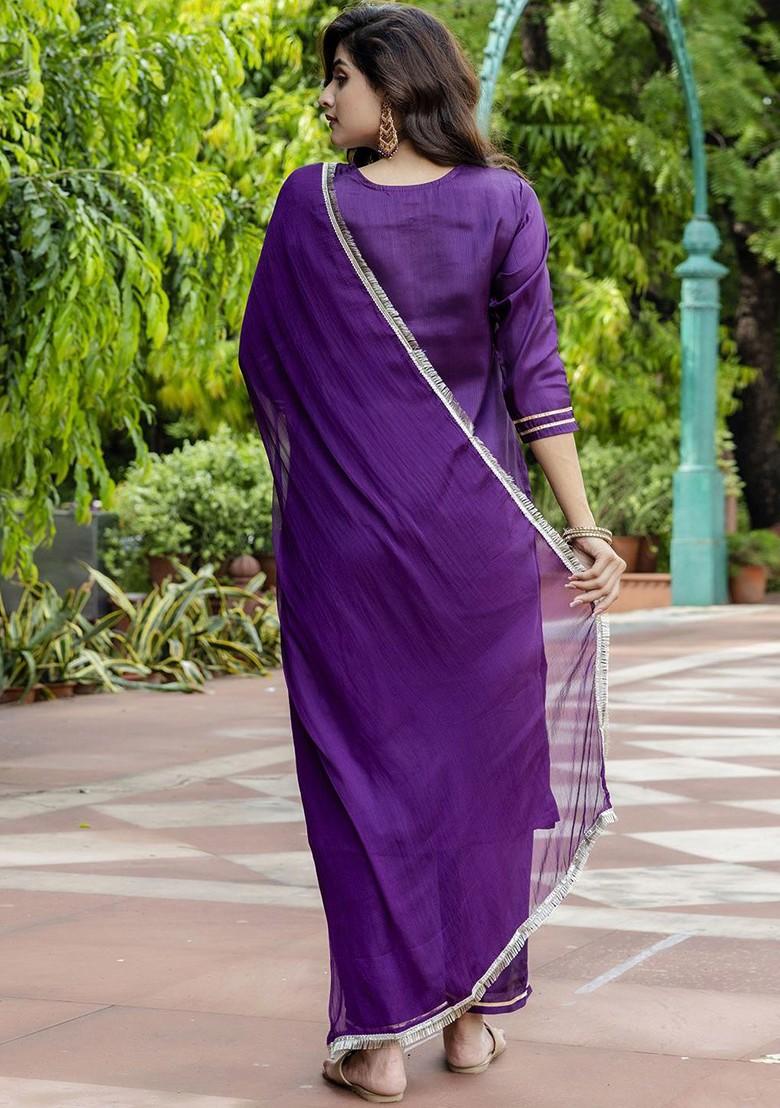 Purple Floral Embroidered Poly Blend Kurta Set