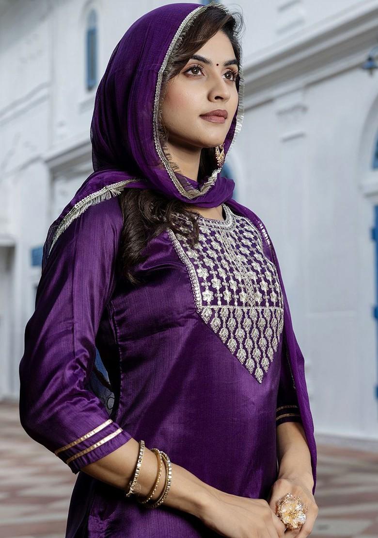 Purple Floral Embroidered Poly Blend Kurta Set