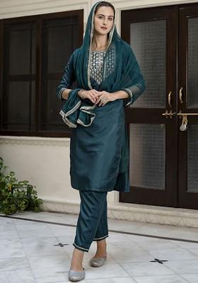 Green Floral Embroidered Poly Blend Kurta Set