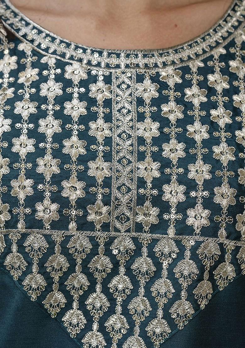 Green Floral Embroidered Poly Blend Kurta Set