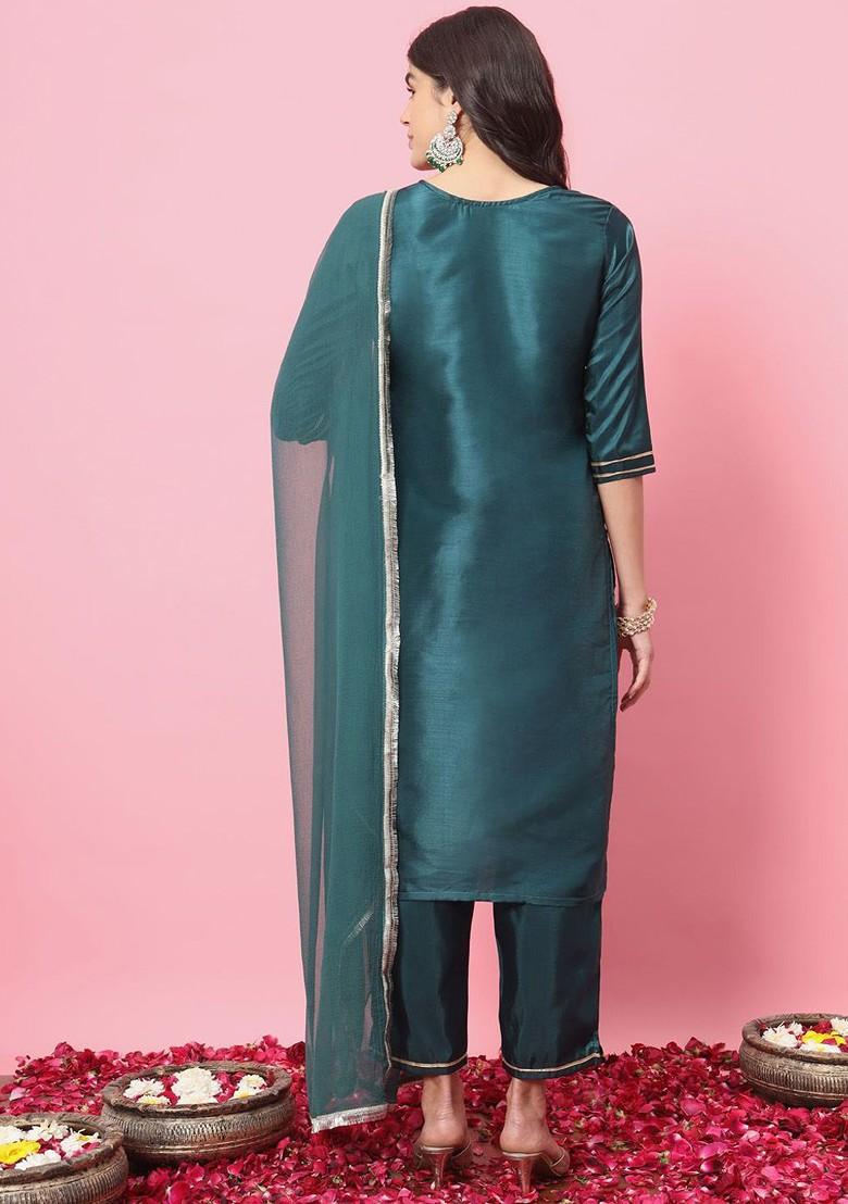 Green Floral Embroidered Poly Blend Kurta Set
