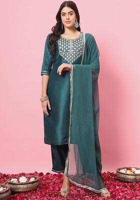 Green Floral Embroidered Poly Blend Kurta Set